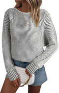 Womens Striped Boat Neck Pullover Sweater - Oversized Batwing Fit