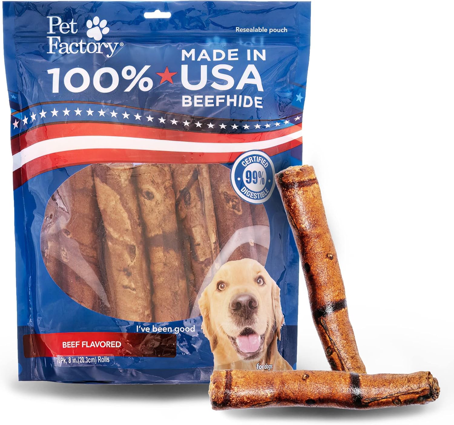 Pet Factory USA Beefhide 8in Rolls Dog Chew Treats 15 Count