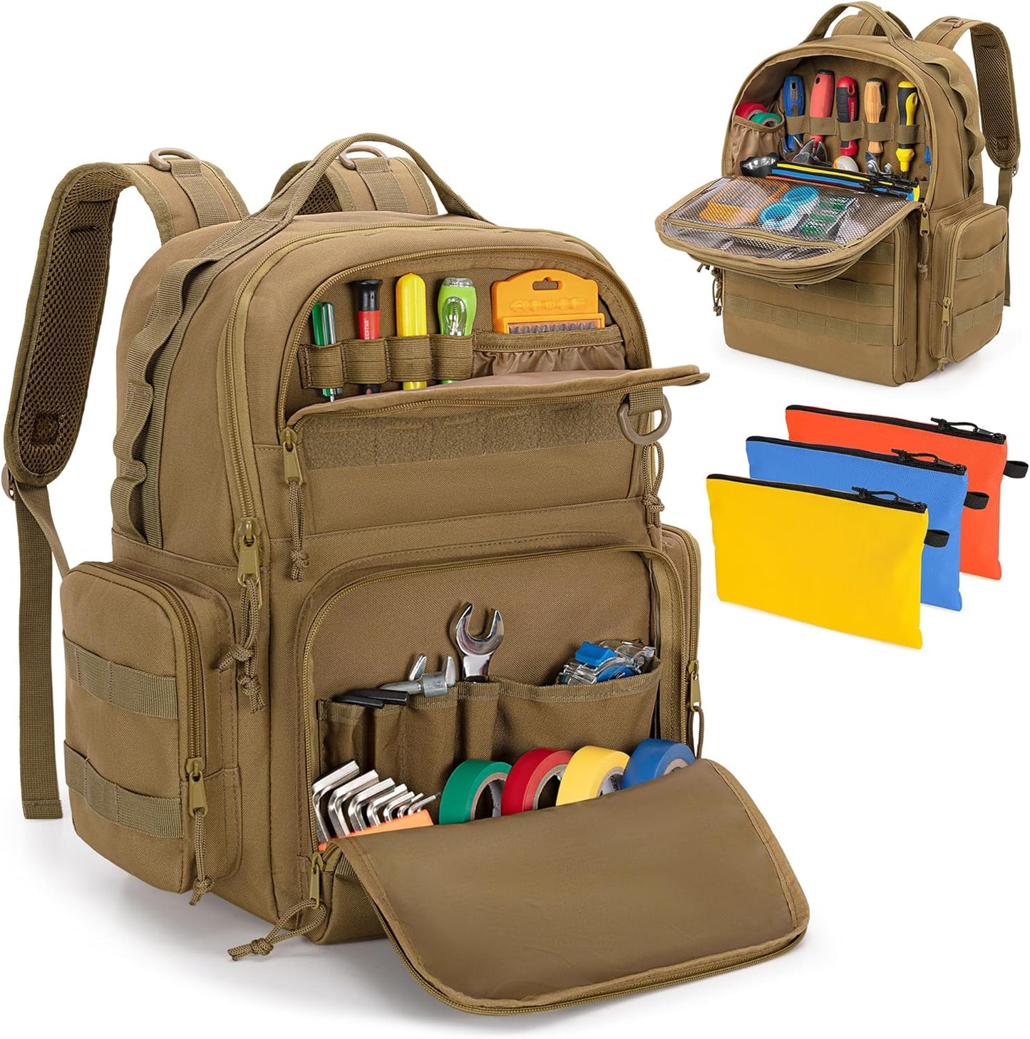Heavy-Duty Tool Bag Backpack for Men with 3 Pouches