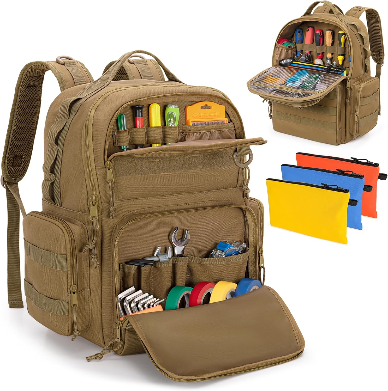 Heavy-Duty Tool Bag Backpack for Men with 3 Pouches
