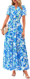 PRETTYGARDEN Boho Maxi Dress Women's Floral V Neck Tiered Flowy