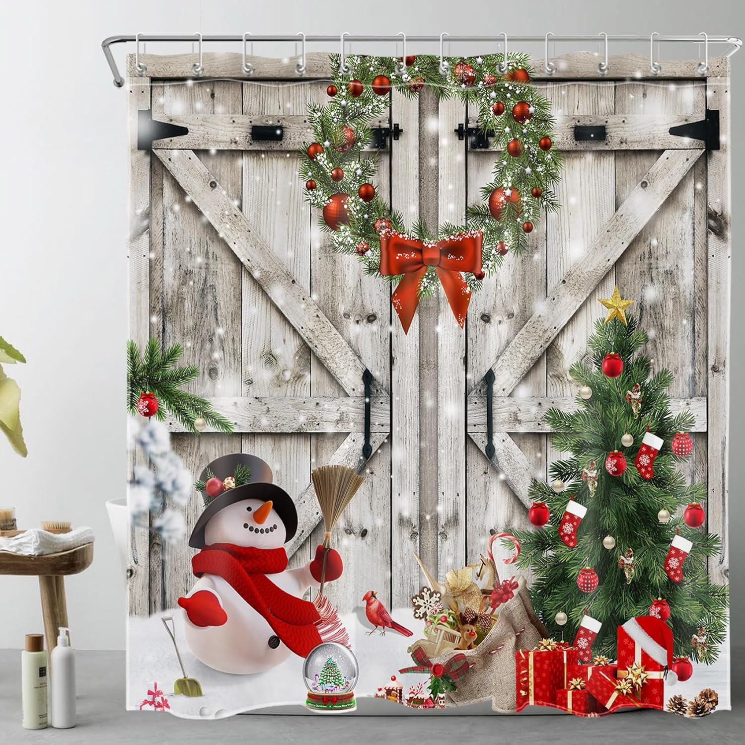 MEUNEAR Farmhouse Christmas Shower Curtain Set - Festive Winter Decor