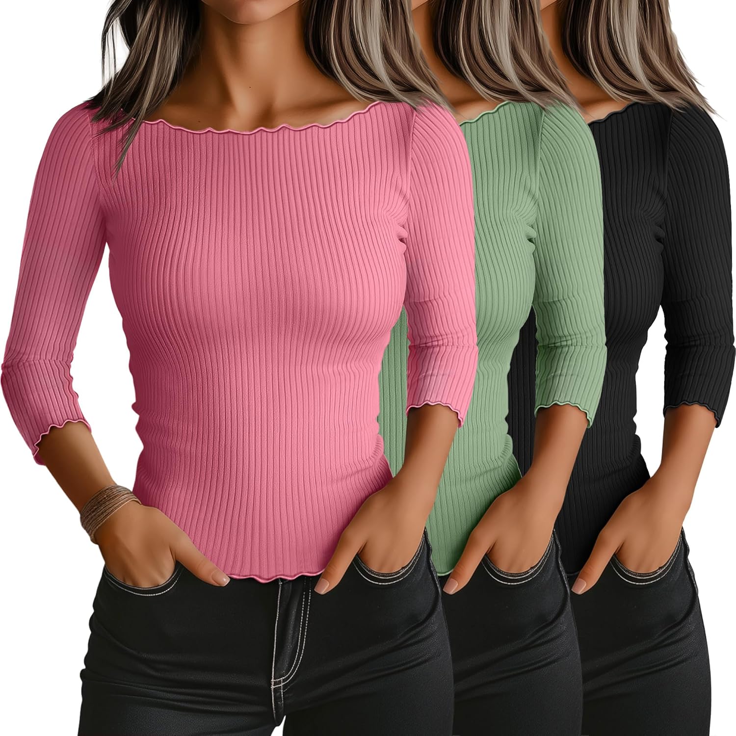 Riyiper 3 Pack Women's 3/4 Length Sleeve Tops for Casual Style
