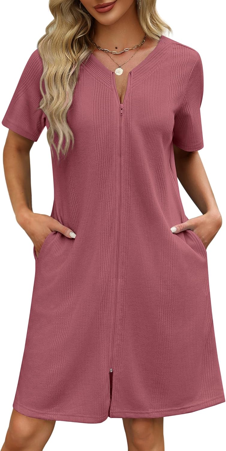 Ekouaer Women Zipper Robes Waffle Short Bathrobe Lightweight