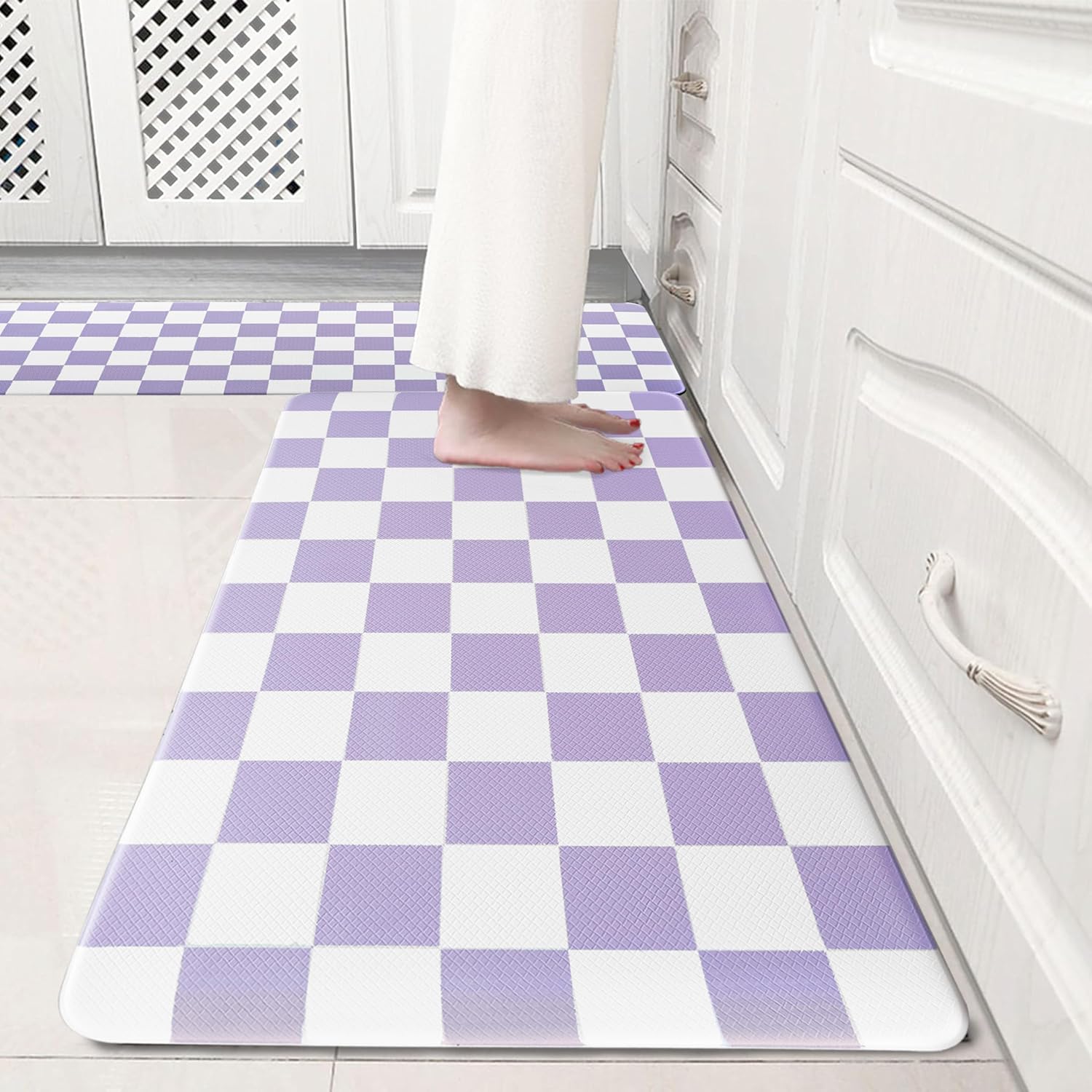Purple Checkered Grid Kitchen Rug Sets for Comfort and Style