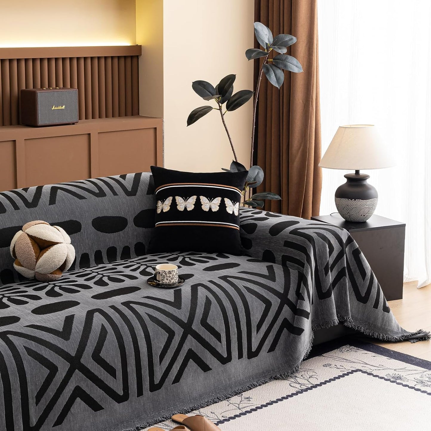 Boho Couch Cover Blanket for Pets - Dark Grey and Black