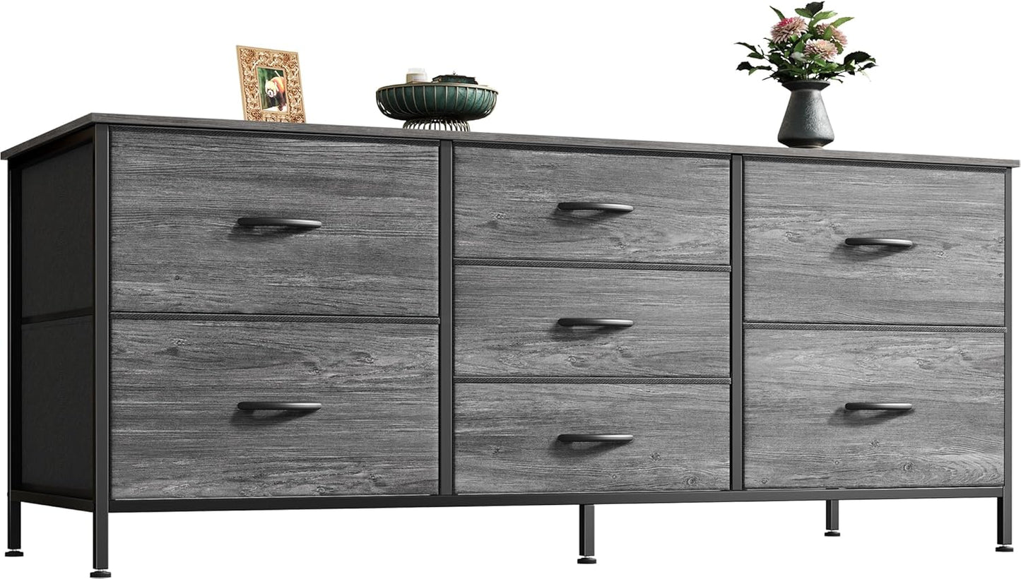 Stylish Huuger Dresser & TV Stand - 7 Drawers, Metal Frame - Grey