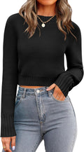 Cropped Crewneck Sweater - Trendy Ribbed Knit Pullover for Fall