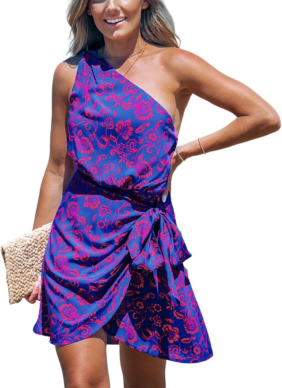 CUPSHE Women's One Shoulder Leaf Print Mini Dress for Summer