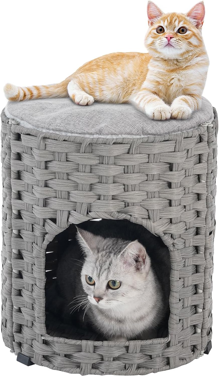 Cat House for Indoor Cats, Handwoven Rattan Kitten Cave Bed