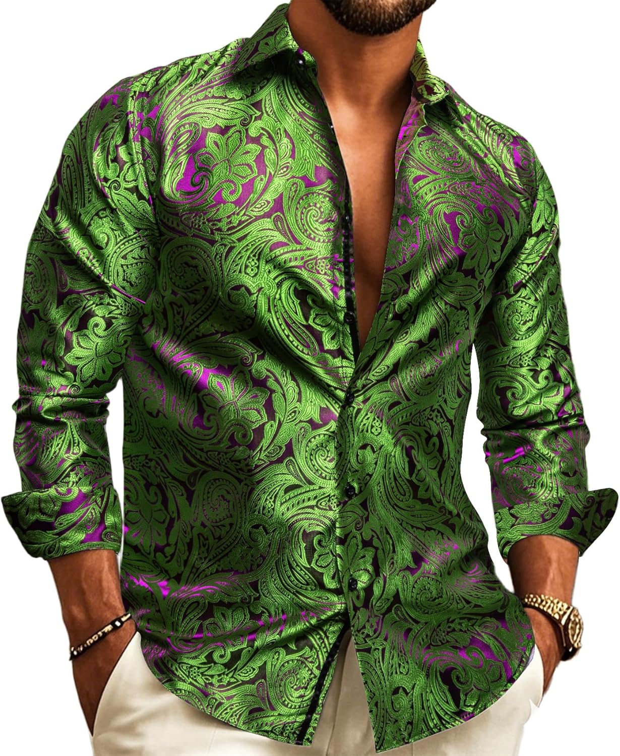 Barry.Wang Mens Western Shirts Silk Paisley Long Sleeve Dress