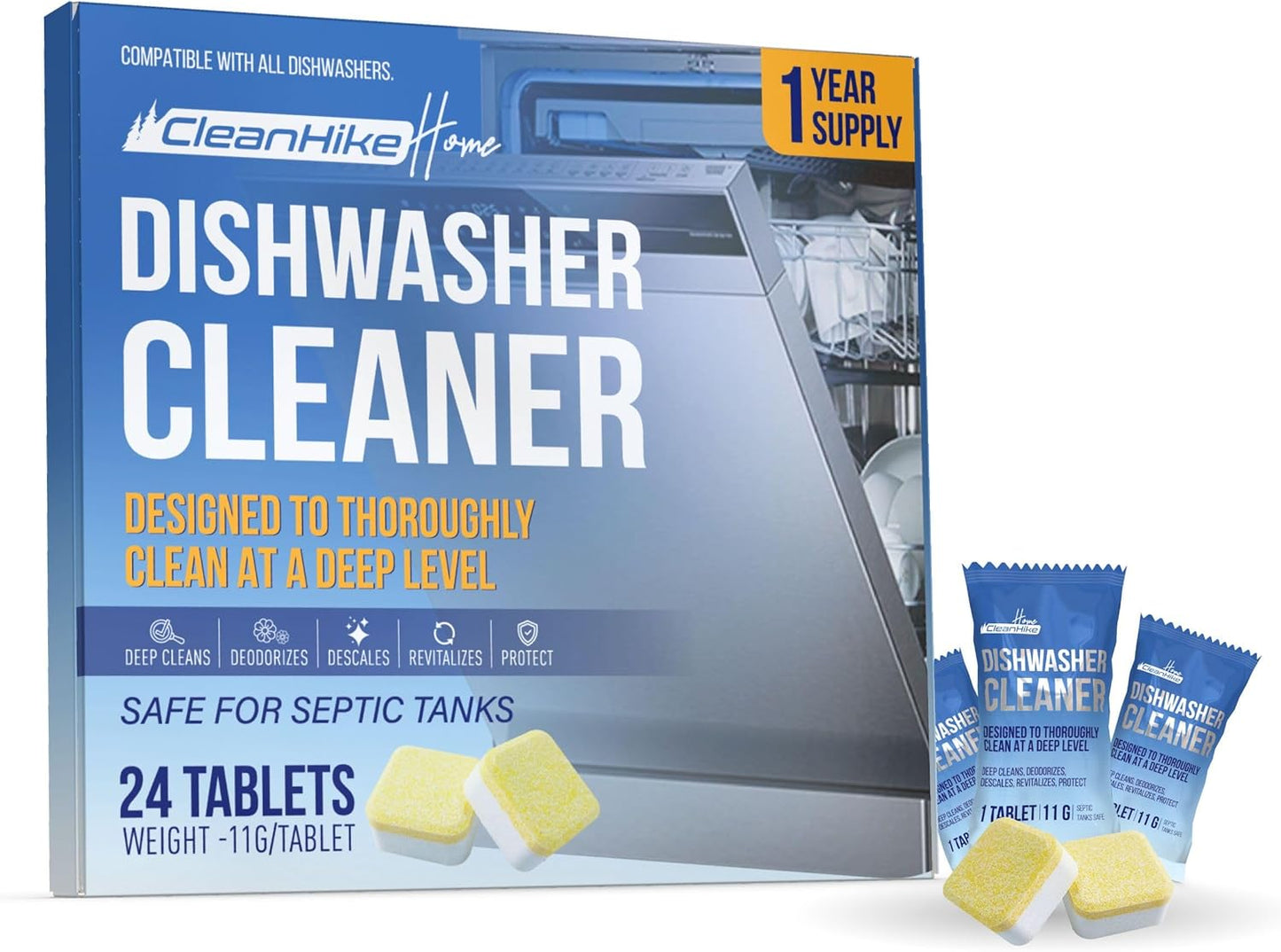 CleanHike Descale & Deodorize Tabs - 24ct - Deep Clean Dishwasher
