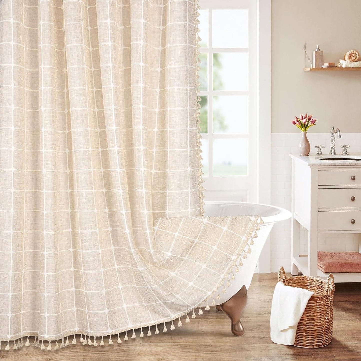 MitoVilla Cream Boho Farmhouse Shower Curtain Set for Chic Decor
