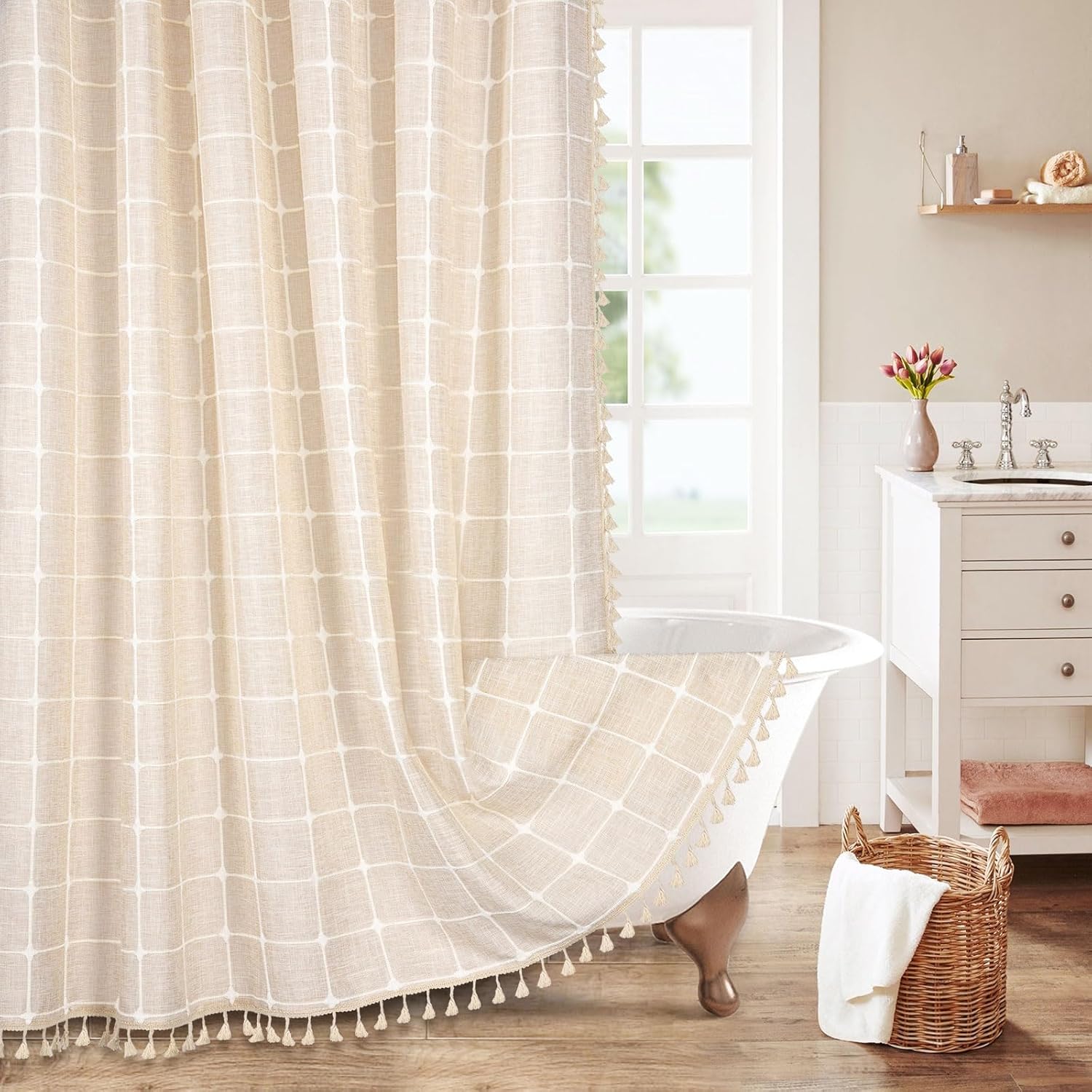 MitoVilla Cream Boho Farmhouse Shower Curtain Set for Chic Decor