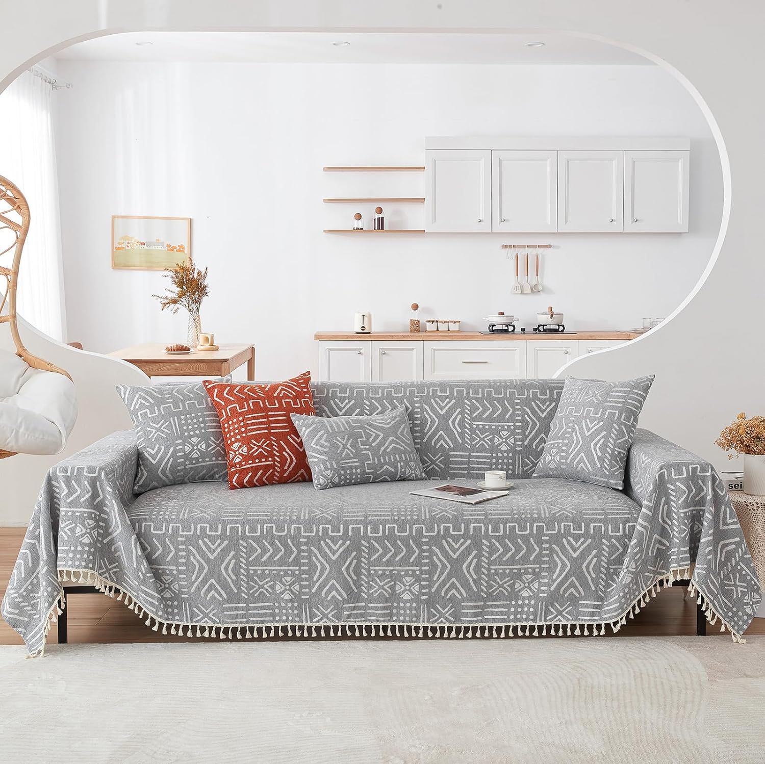 Bohemian Couch Cover for 3 Cushion Sofa - Grey & White Aztec