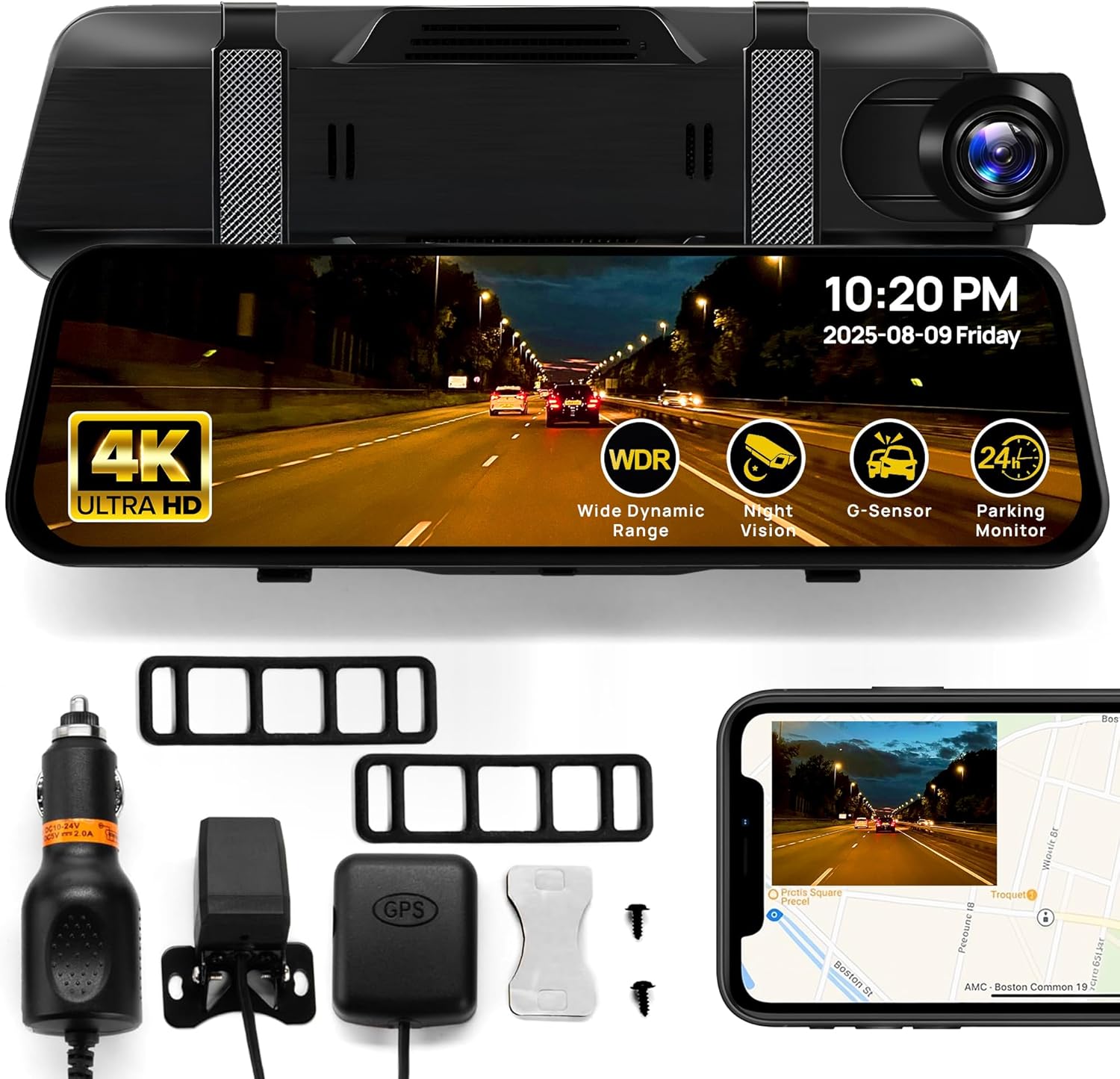 Rivela 4K Mirror Dash Cam with GPS & Night Vision for Cars