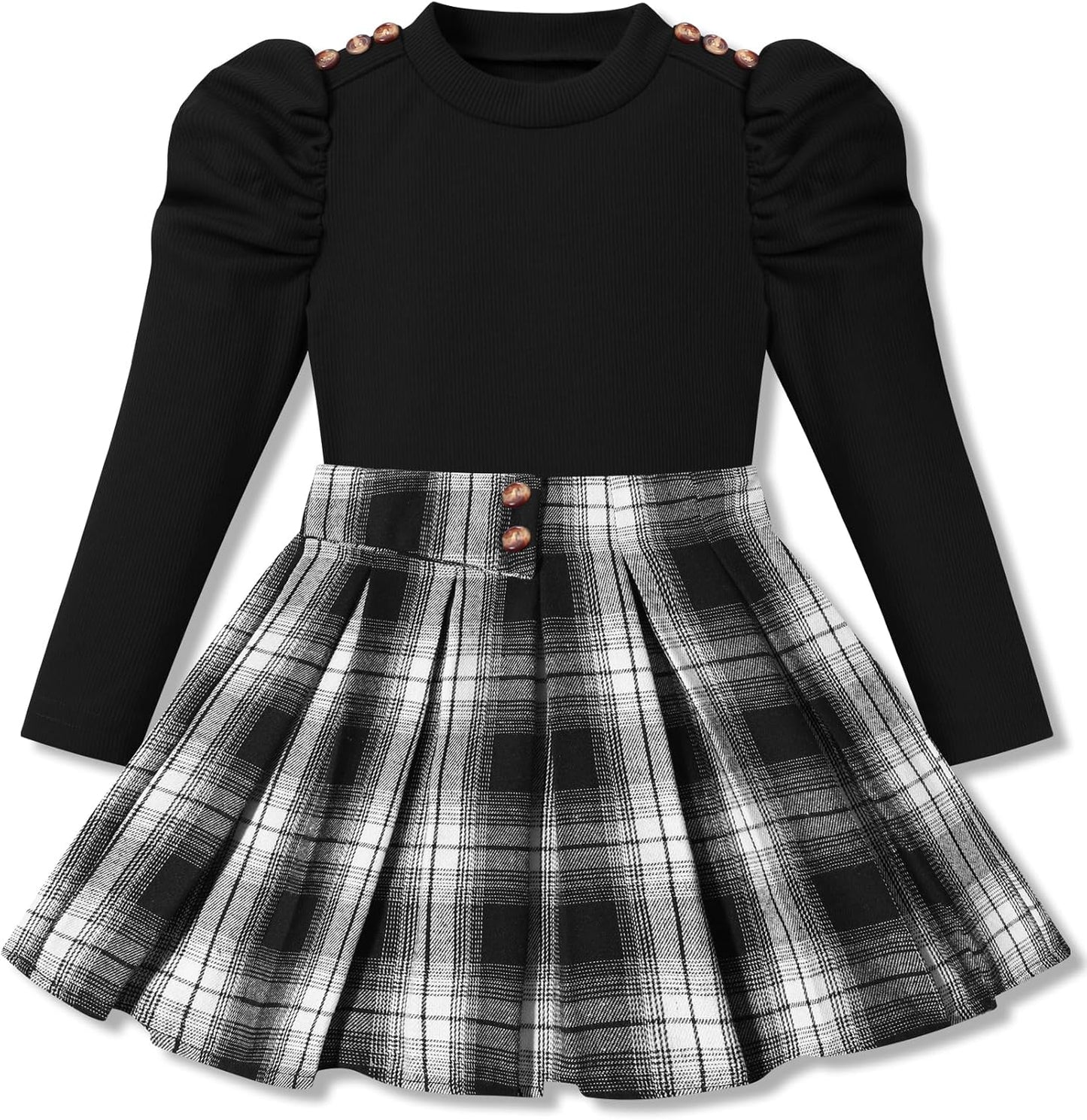 Fuermos Toddler Girl Clothes Puff Sleeve Top and Plaid Skirt Set