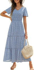 Womens 2025 Long Summer Floral Maxi Dress - Smocked V Neck Fit