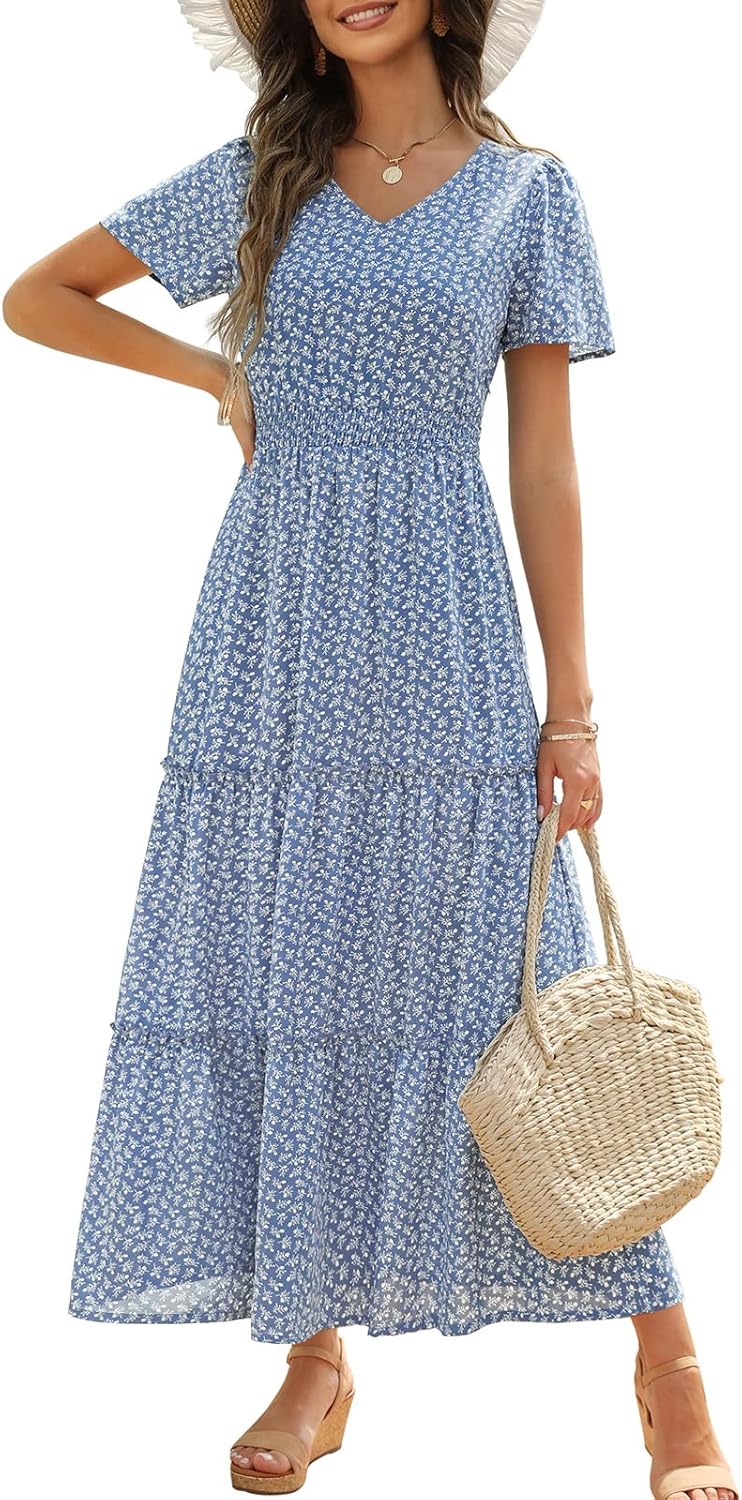 Zattcas Womens Long Summer Dress with Flutter Sleeves and V Neck