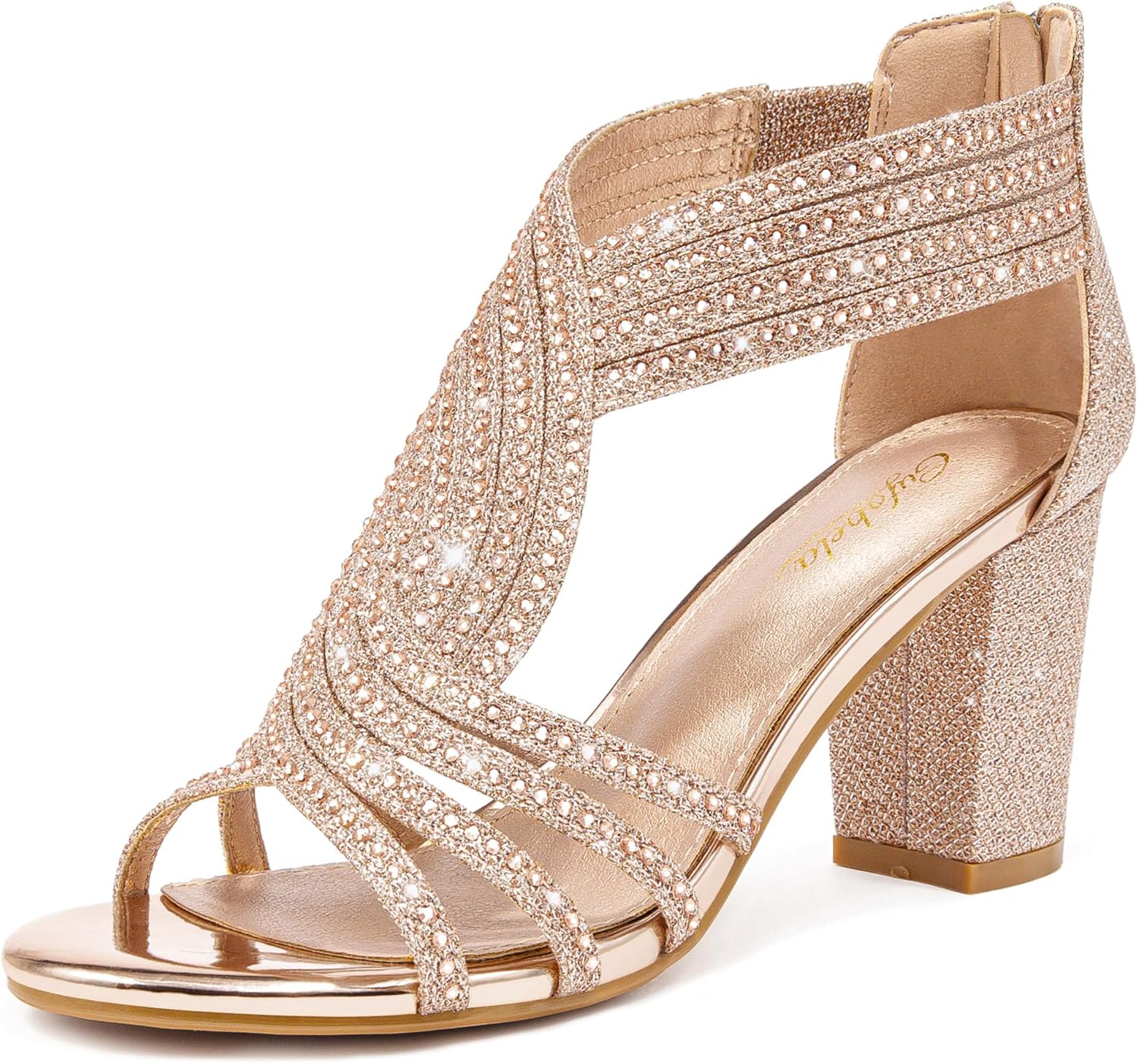Women's Rhinestone Sparkly Chunky Block Heel Sandals for Events