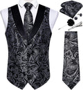 Mens Silver Paisley Suit Vest and Necktie Set - 7PCS Formal Waistcoat