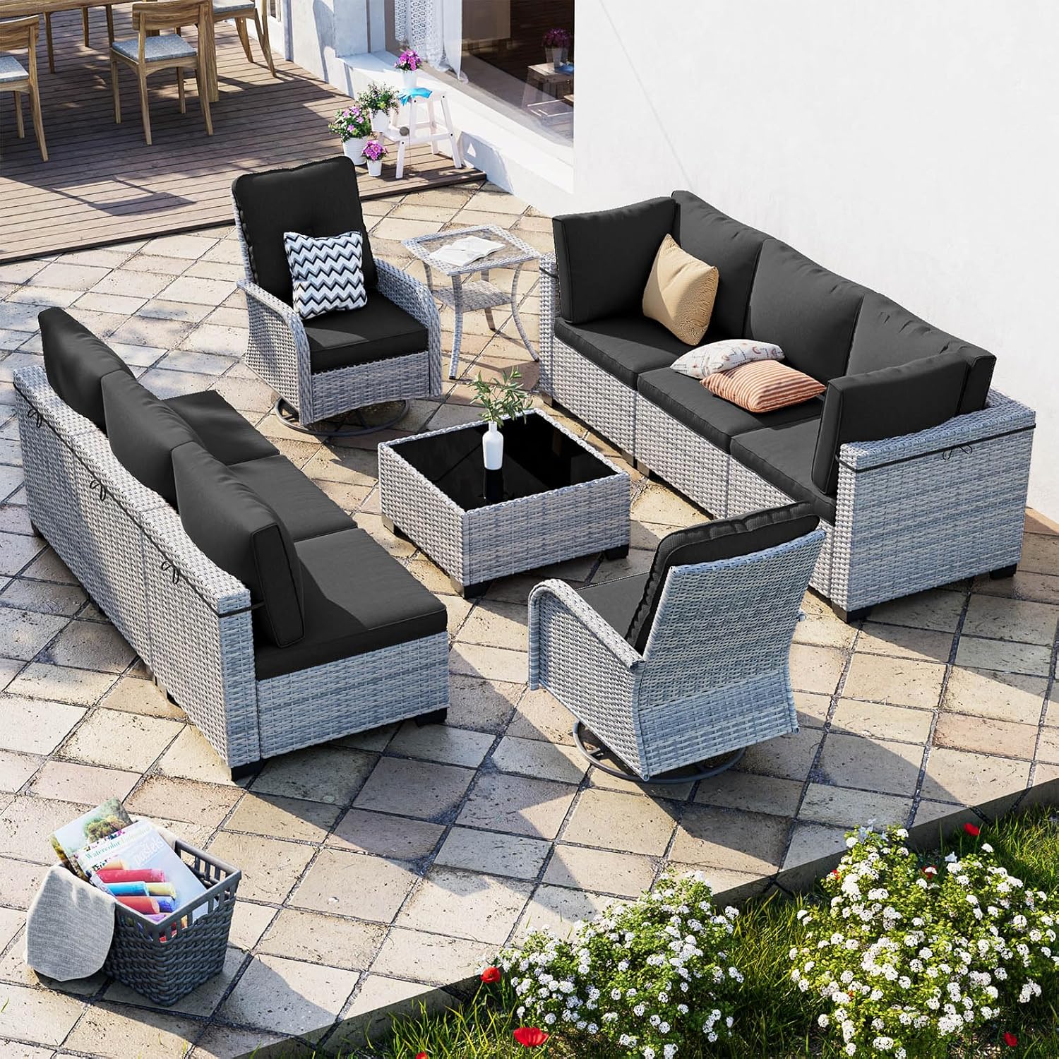 10-Piece Outdoor Patio Furniture Set with Swivel Chairs and Cushions