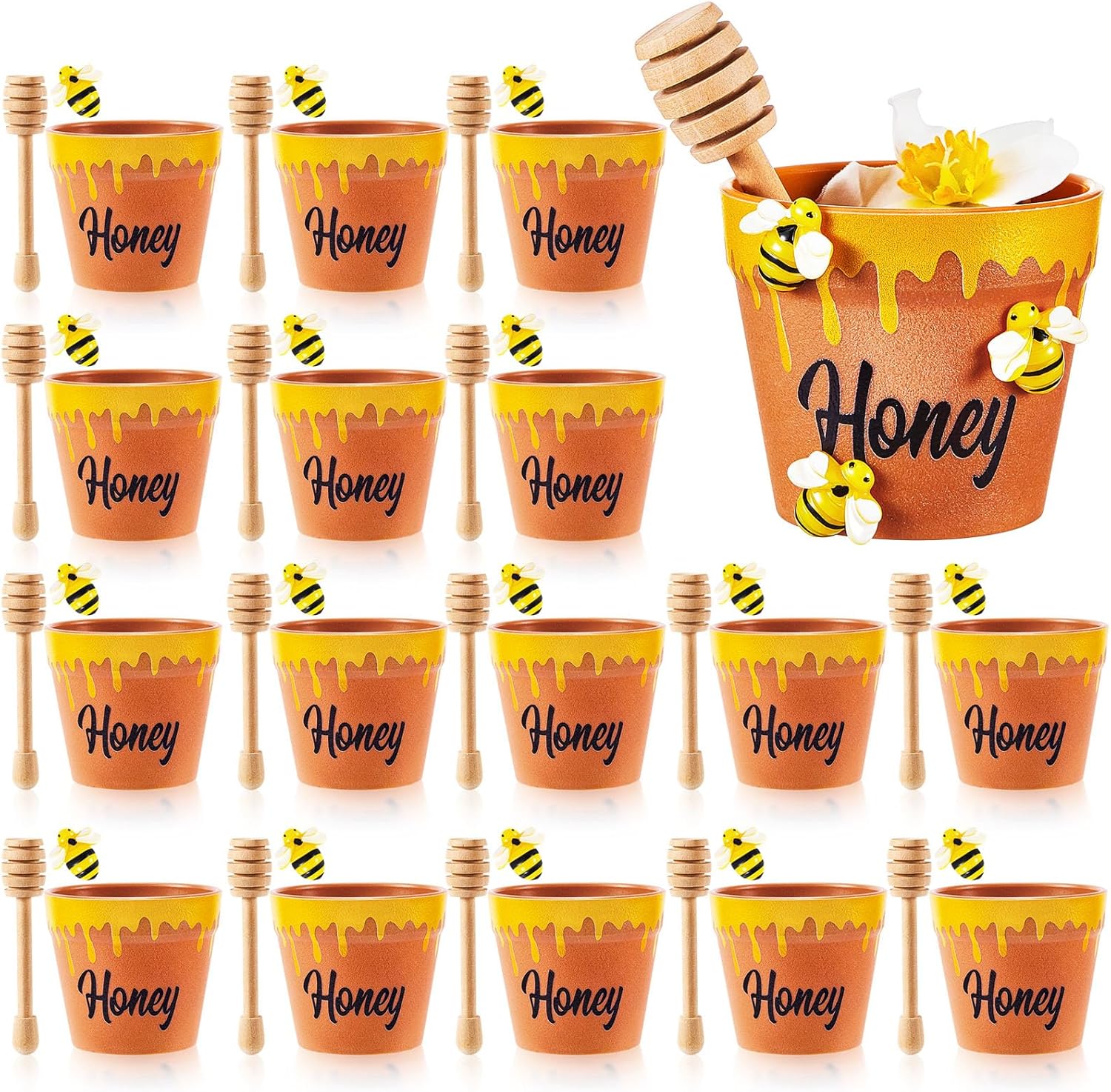 Mini Honey Bee Pots with Dippers for Party Favors and Events