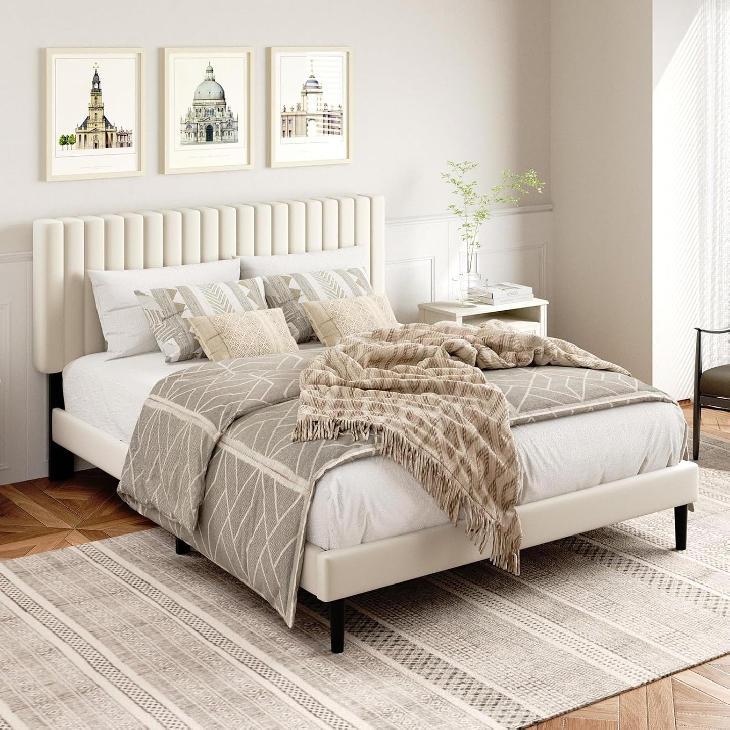 Queen Size Platform Bed Frame with Velvet Upholstered Headboard