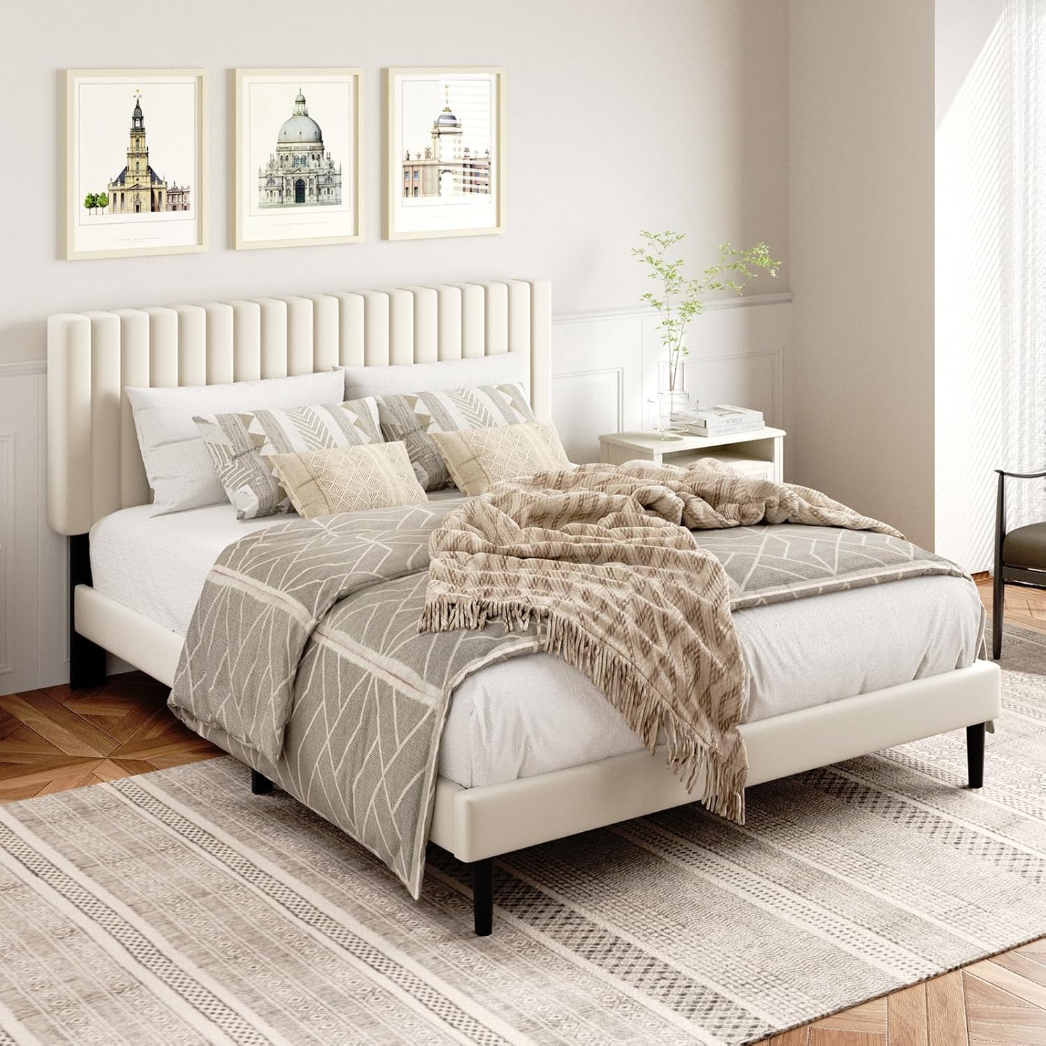 Queen Size Platform Bed Frame with Velvet Upholstered Headboard