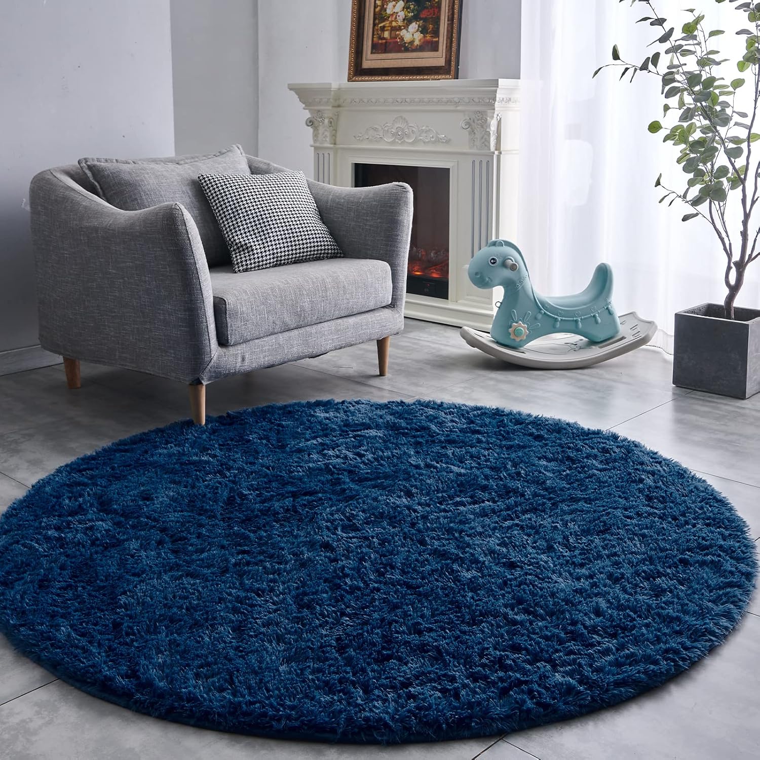 Navy Blue Round Rug Ultra-Soft Plush Modern 7x7 Circle Area Rug