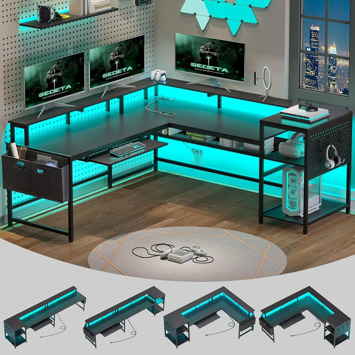 SEDETA Reversible L-Shaped Gaming Desk with Power Outlets
