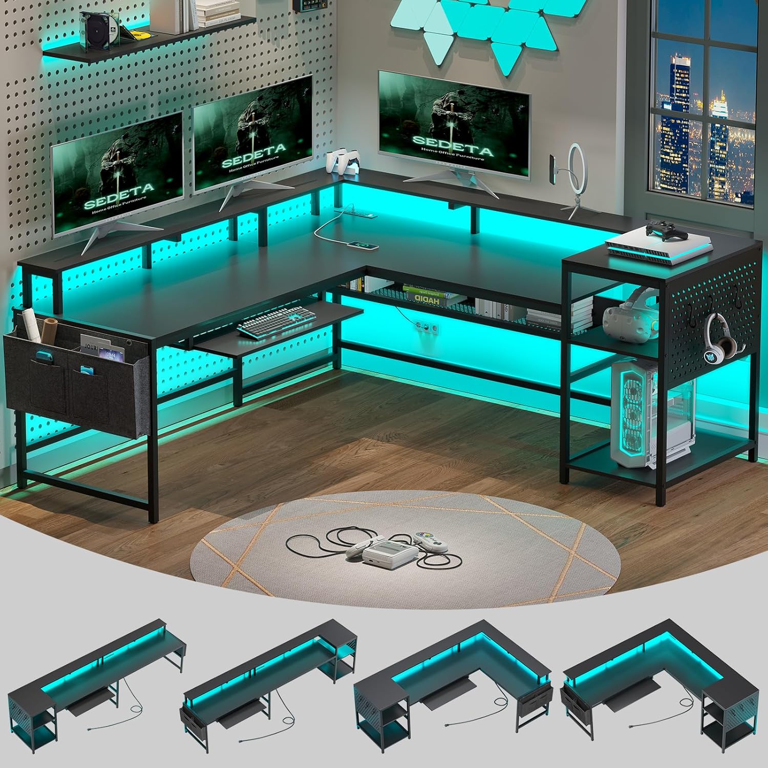 SEDETA L-Shaped Gaming Desk - Power Outlets & LED Strip