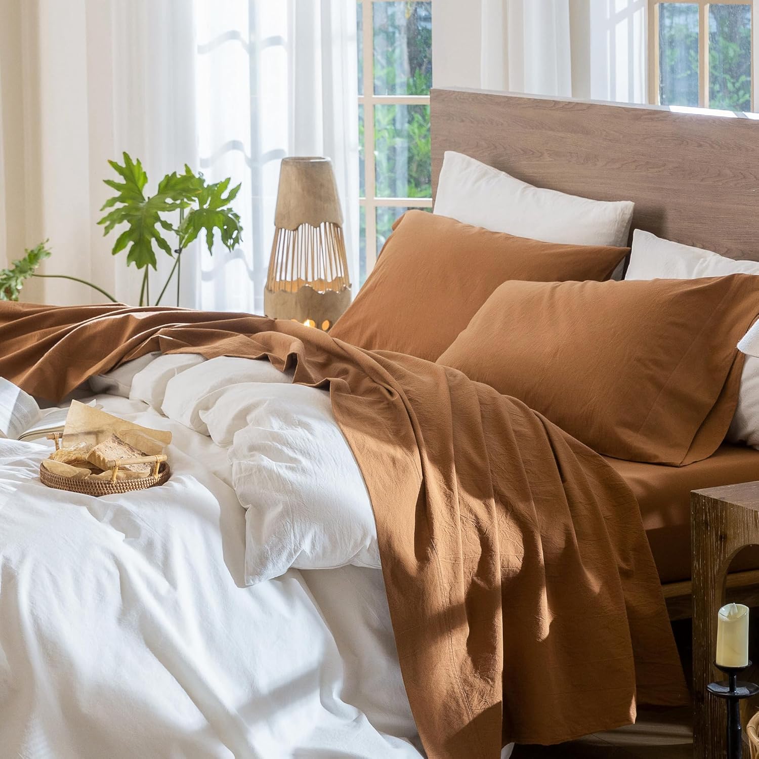MooMee Bedding Sheet Set in Dark Orange for Queen Size Comfort