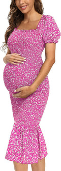 Spring Long Puff Sleeve Maternity Dress for Women - Ruffle Hem Midi