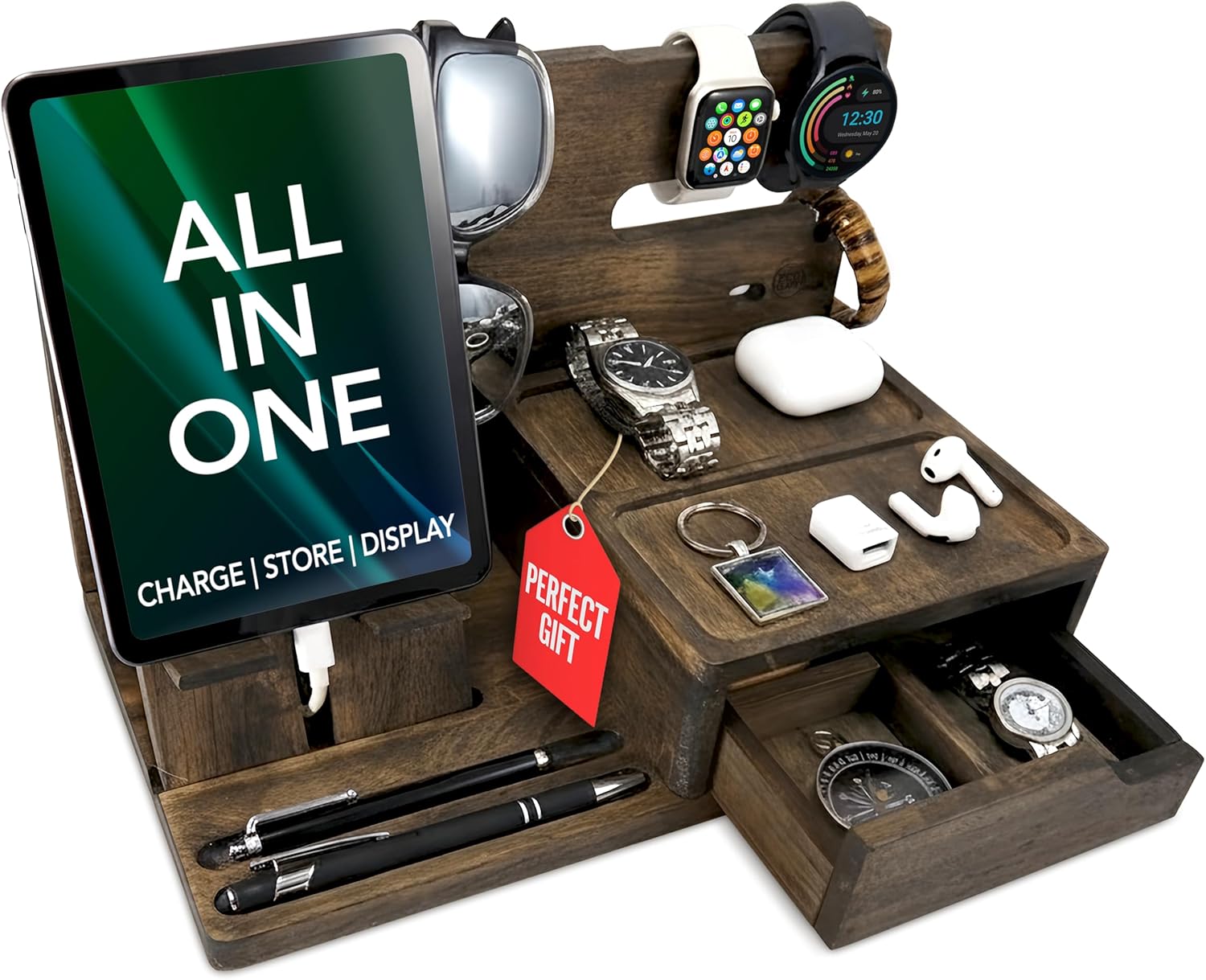 Nightstand Organizer for Men - Rustic Bedside Docking Station