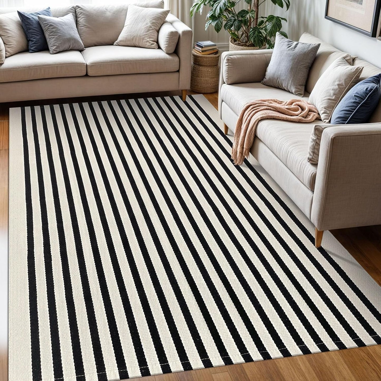 KOZYFLY Black and Beige Striped Rug 5x8 Ft for Indoor Outdoor Use