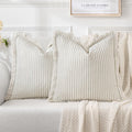 MIULEE Sage Green 26x26 in Striped Pillow Covers Pack of 2 - Fringe