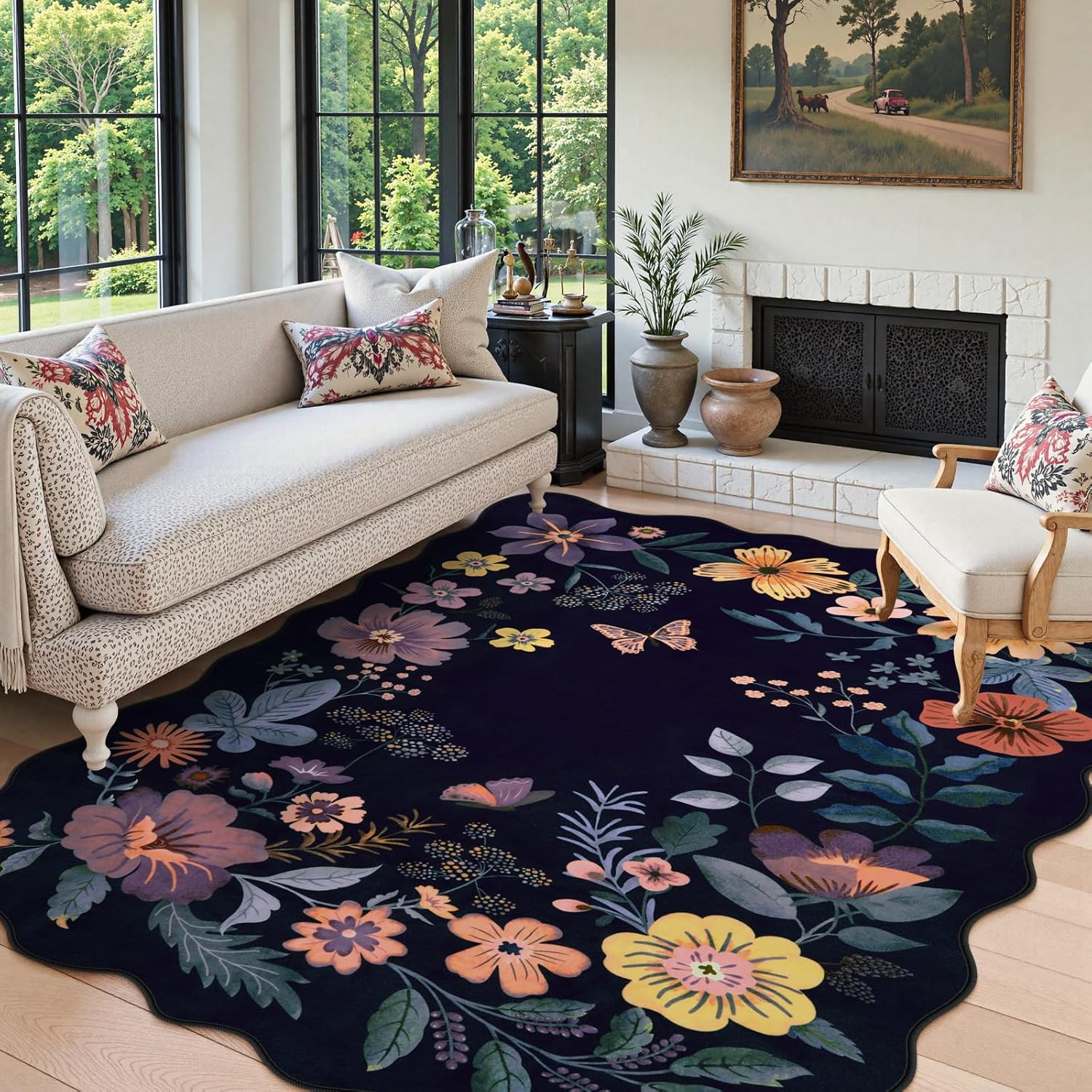 Lahome Floral Washable Rugs for Living Room, Soft Non-Slip Rug