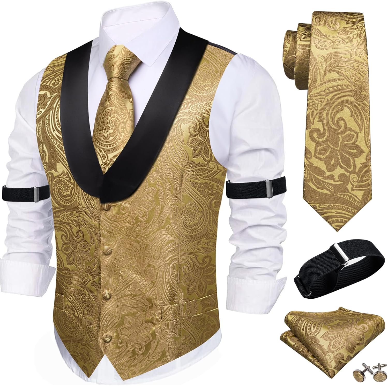 Barry.Wang Mens Silk Lapel Vest Tie Sleeve Holder Set for Weddings
