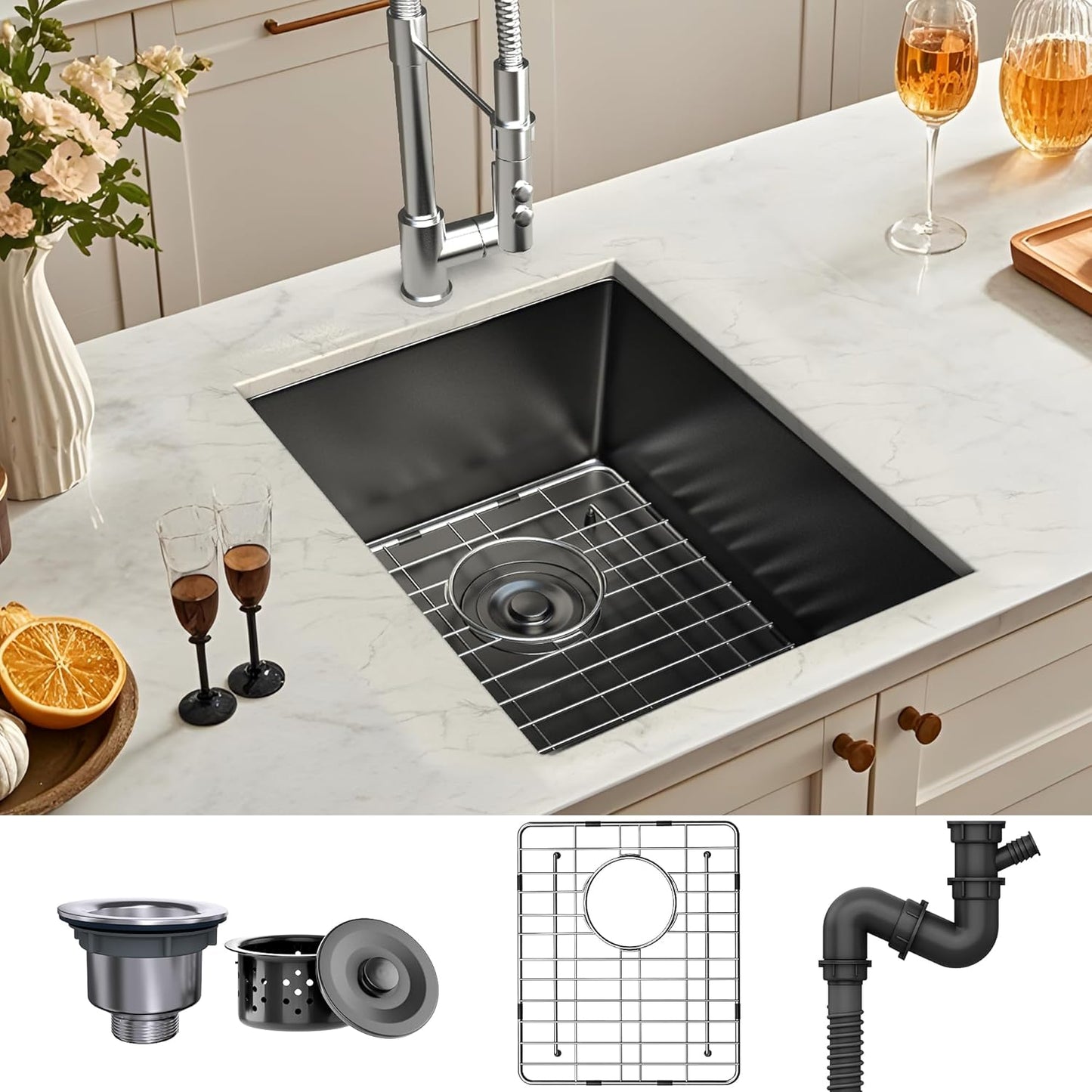 YITAHOME Black Kitchen Sink 15in - Stylish Undermount Bar Sink