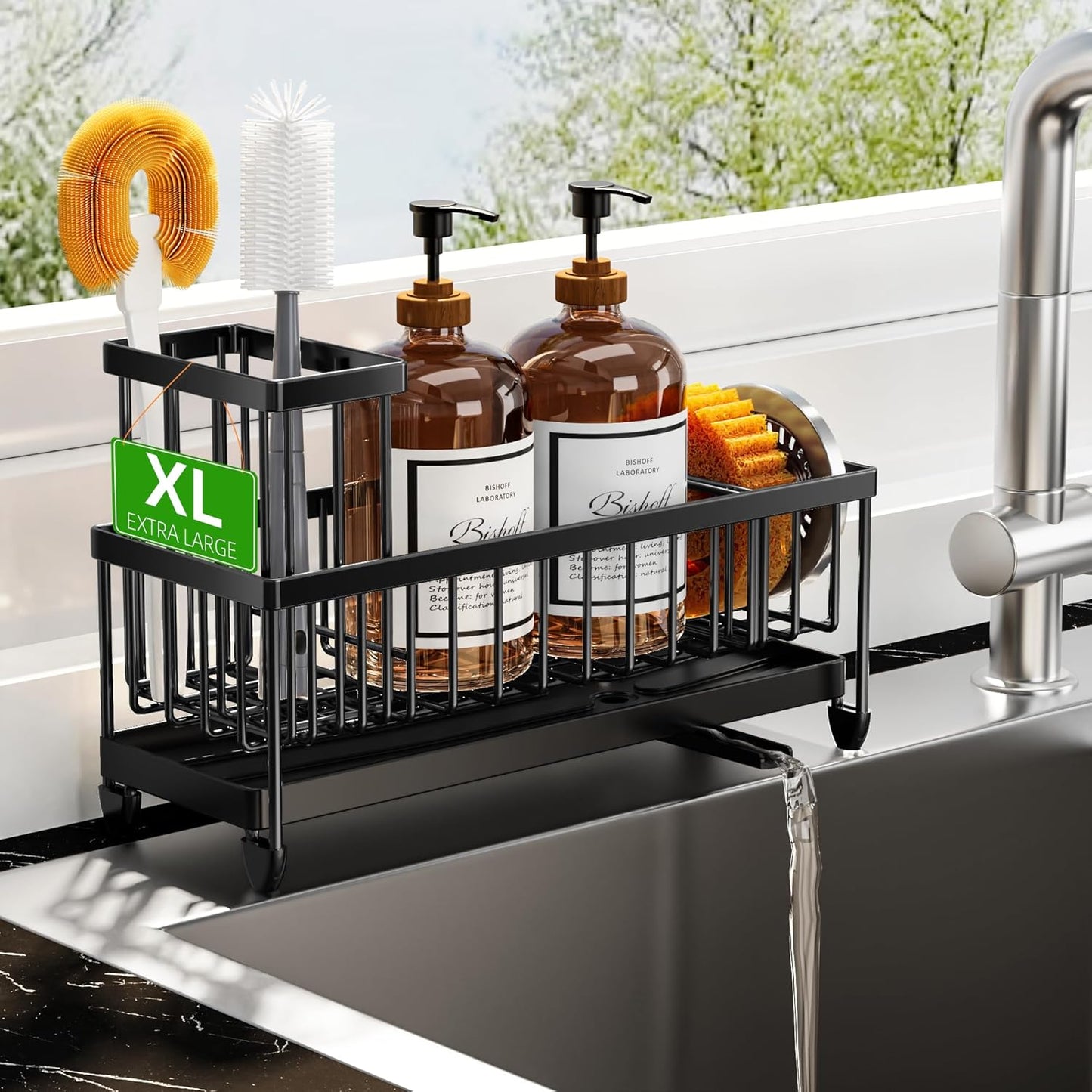 Cisily Extra Large Black Sponge Holder for Kitchen Sink Caddy