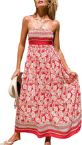 Red Floral Smocked Maxi Dress Sundress - Flattering Vacation Staple