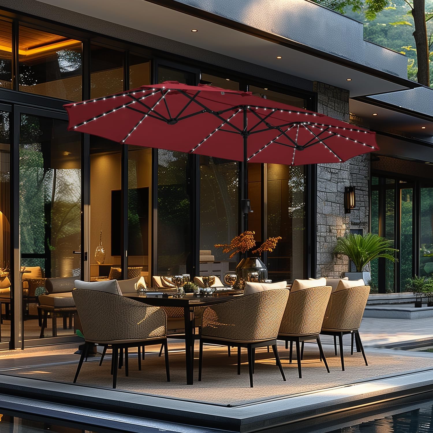 13 ft Rectangle Patio Umbrella with Solar Lights for Shade