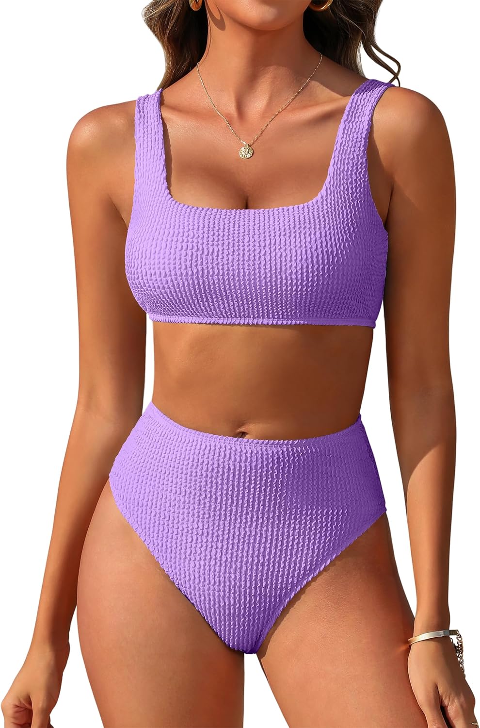 High Waisted Ribbed Tummy Control Bikini Set for Women