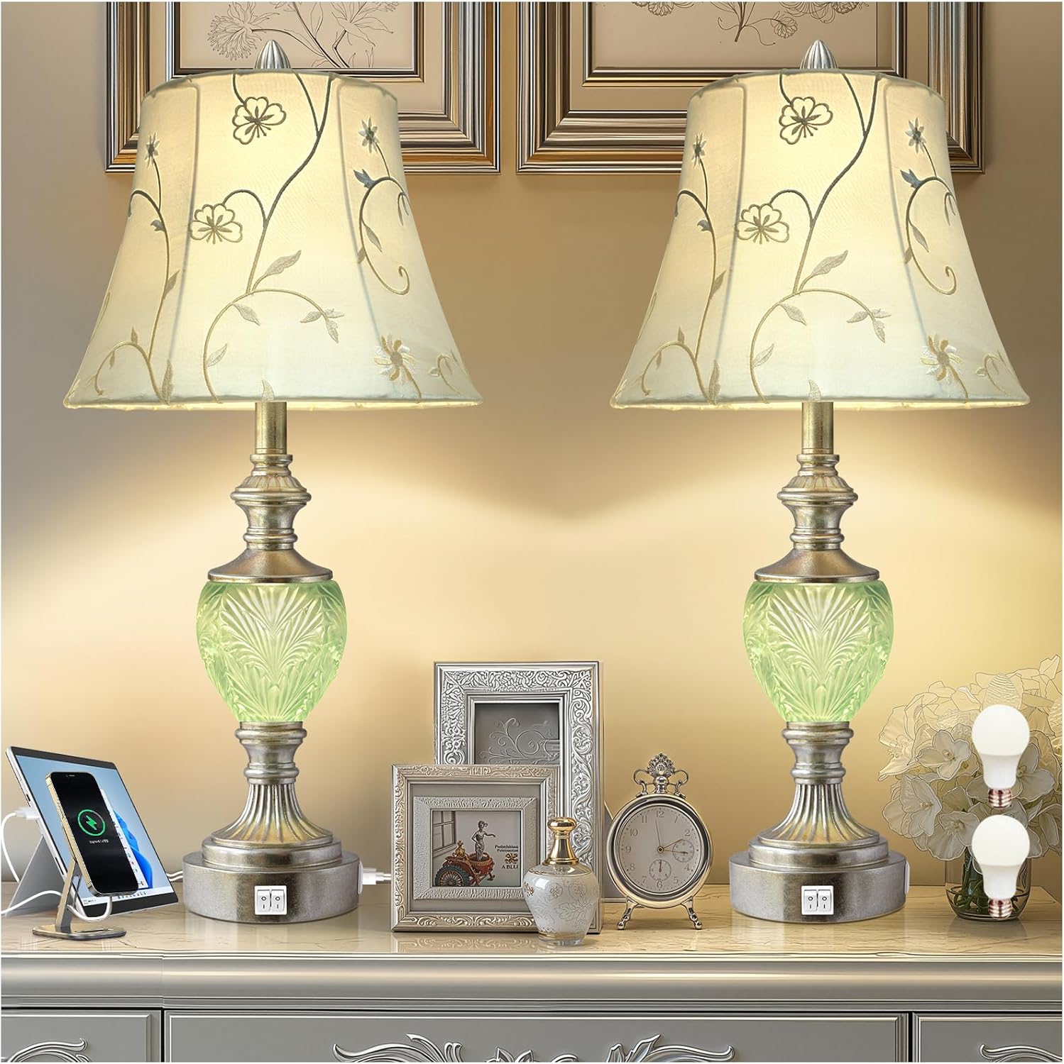 Vintage Table Lamp Set of 2 with USB Ports for Nightstand