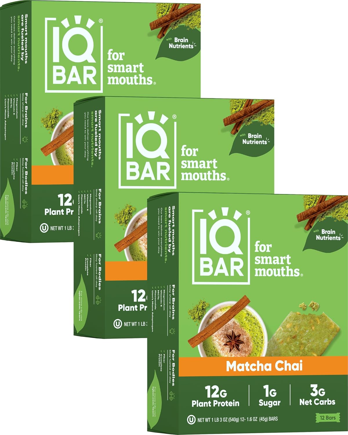IQBAR Brain and Body Plant Protein Bars - Matcha Chai Flavor