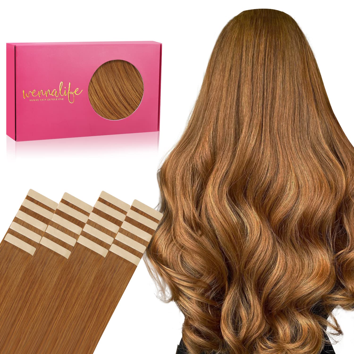 WENNALIFE Tape in Hair Extensions 14 inch Auburn Ginger Remy