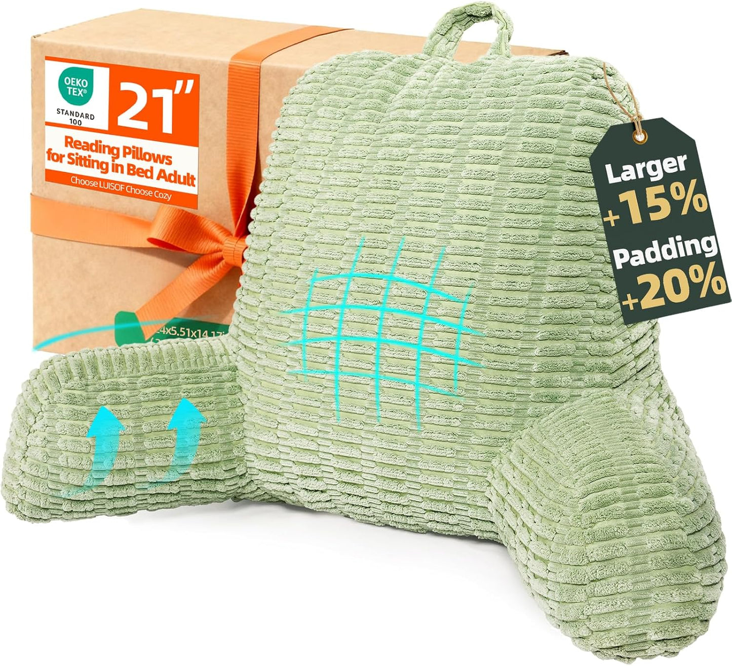 21in Higher Large Reading Pillow for Bed with Memory Foam Support