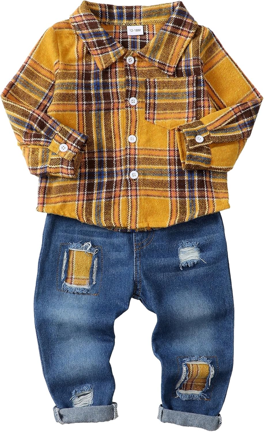 Toddler Baby Boy Clothes Set with Plaid Shirt and Ripped Jeans