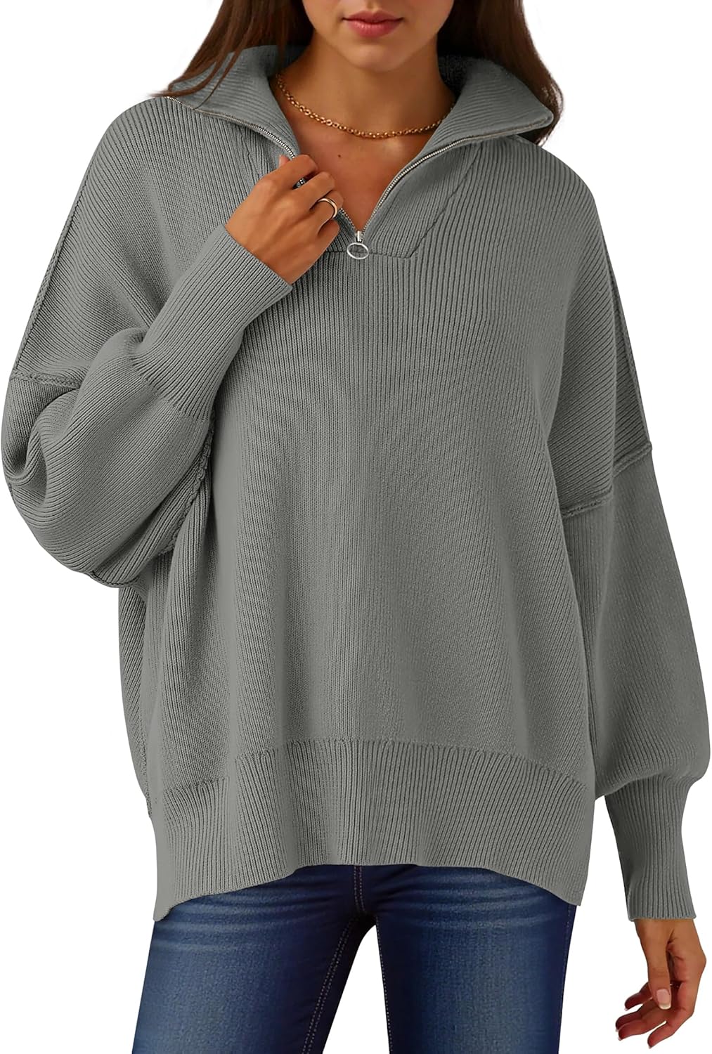 Oversized Fashion Long Sleeve Quarter Zip Sweater for Women